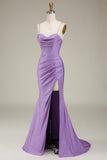 Lilac Mermaid Spaghetti Straps Satin Corset Prom Dress with Slit