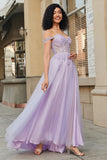 Purple A-Line Off The Shoulder Tulle Corset Prom Dress with Lace