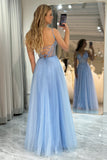 Sparkly Light Blue Tulle Corset Long Prom Dress With Appliques