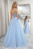 Light Blue A Line Sparkly Tulle Corset Prom Dress With Appliques
