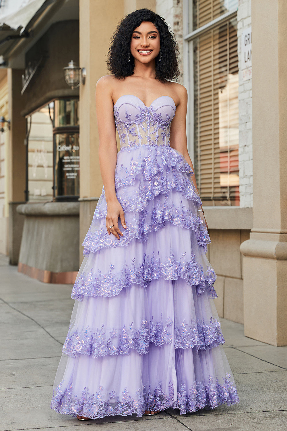 Princess Purple A-Line Sweetheart Tiered Sparkly Sequin Tulle Long Prom Dress