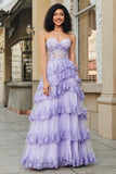 Princess Purple A-Line Sweetheart Tiered Sparkly Sequin Tulle Long Prom Dress