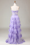 Princess Purple A Line Sweetheart Tiered Sequin Tulle Prom Dress