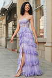 Princess Purple A-Line Sweetheart Tiered Sparkly Sequin Tulle Long Prom Dress