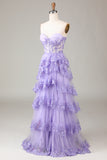 Princess Purple A Line Sweetheart Tiered Sequin Tulle Prom Dress