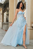 Sparkly Light Blue A Line Sweetheart Sequin Long Prom Dress With Slit
