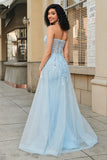 Sparkly Light Blue A Line Sweetheart Sequin Long Prom Dress With Slit