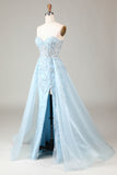 Sparkly Light Blue A Line Sweetheart Long Prom Dress With Sequins
