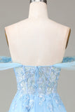 Sparkly Blue A Line Off The Shoulder Prom Dress With Sequins