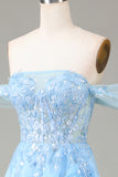 Sparkly Blue A Line Off The Shoulder Prom Dress With Sequins
