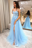 Light Blue A Line Spaghetti Straps Tulle Long Corset Prom Dress With Slit