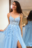 Light Blue A Line Spaghetti Straps Tulle Long Corset Prom Dress With Slit