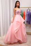 Pink A Line Sweetheart Strapless Long Prom Dress With Beading