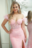 Sparkly Pink Mermaid Off the Shoulder Feathers Corset Prom Dress with Slit