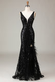 Sparkly Black Mermaid V Neck Sequins Prom Dress with Feathers