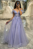 Sparkly Lilac A Line Tulle Long Corset Prom Dress With  Appliques