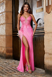 Pink Mermaid Spaghetti Straps Glitter Sequin Prom Dress with High Slit