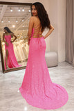 Sparkly Pink Mermaid Spaghetti Straps Long Sequins Prom Dress With Slit