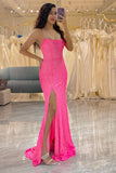 Sparkly Pink Mermaid Spaghetti Straps Long Sequins Prom Dress With Slit