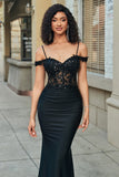 Black Mermaid Off The Shoulder Sparkly Sequins Corset Long Prom Dress