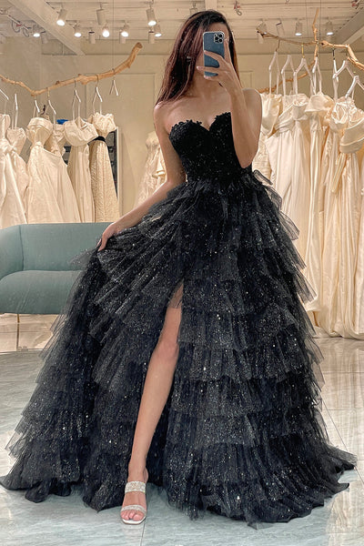 Wedtrend Women Sparkly Black Prom Dress A Line Long Corset Tiered Tulle  Party Dress With Slit – WEDTREND