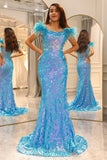 Glitter Light Blue Mermaid Long Prom Dress With Feathers