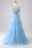 Light Blue A-Line Spaghetti Straps Pleated Long Prom Dress