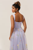 A Line Sweetheart Lilac Tea Length Prom Dress with Embroidery