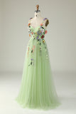 Champagne A Line Spaghetti Straps Tulle Formal Dress With 3D Flowers
