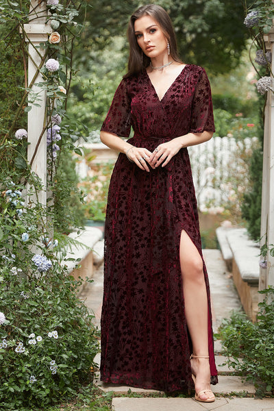Wedtrend Women Rust Burnout Velvet Bridesmaid Dress with Short Sleeve A-Line V Neck Split Front Floor Length Wedding Party Dress, Rust / US8