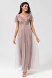 A-Line V Neck Embroidered Tulle Dusty Blue Bridesmaid Dress with Beading