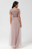 A-Line V Neck Embroidered Tulle Dusty Blue Bridesmaid Dress with Beading