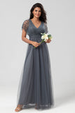 Tulle A-Line Beaded Embroidered Tulle Twilight Bridesmaid Dress