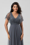 Tulle A-Line Beaded Embroidered Tulle Twilight Bridesmaid Dress