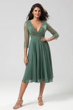 A Line V-Neck Beaded Long Sleeves Embroidered Chiffon Bridesmaid Dress