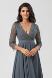 A Line V-Neck Beaded Long Sleeves Embroidered Chiffon Bridesmaid Dress