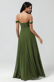 A Line Off The Shoulder Floor-Length Chiffon Bridesmaid Dress with Slit
