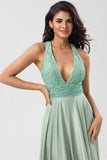 A Line V-Neck Sequin Top Matcha Long Bridesmaid Dress with Beading