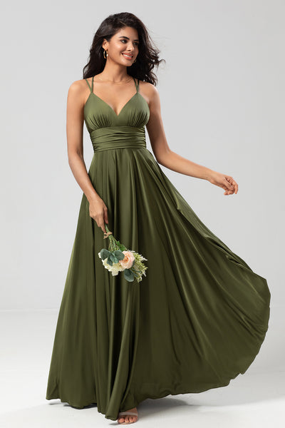 Olive A-Line Spaghetti Straps Satin Long Bridesamid Dress