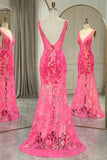 Mermaid Sparkly Fuchsia V Neck Prom Dress With Sequined Appliques