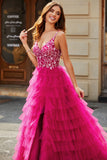 Fuchsia A-Line Spaghetti Straps Sparkly Beaded Tiered Long Prom Dress With Slit