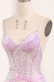 Sparkly Light Purple Mermaid Backless Long Corset Prom Dress With Slit