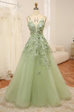 Green A Line Spaghetti Straps Tulle Long Prom Dress With Appliques