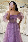 Purple A-Line Square Neck Corset Prom Dress with Half Sleeves