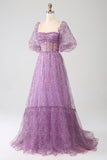 Purple A-Line Square Neck Corset Prom Dress with Half Sleeves