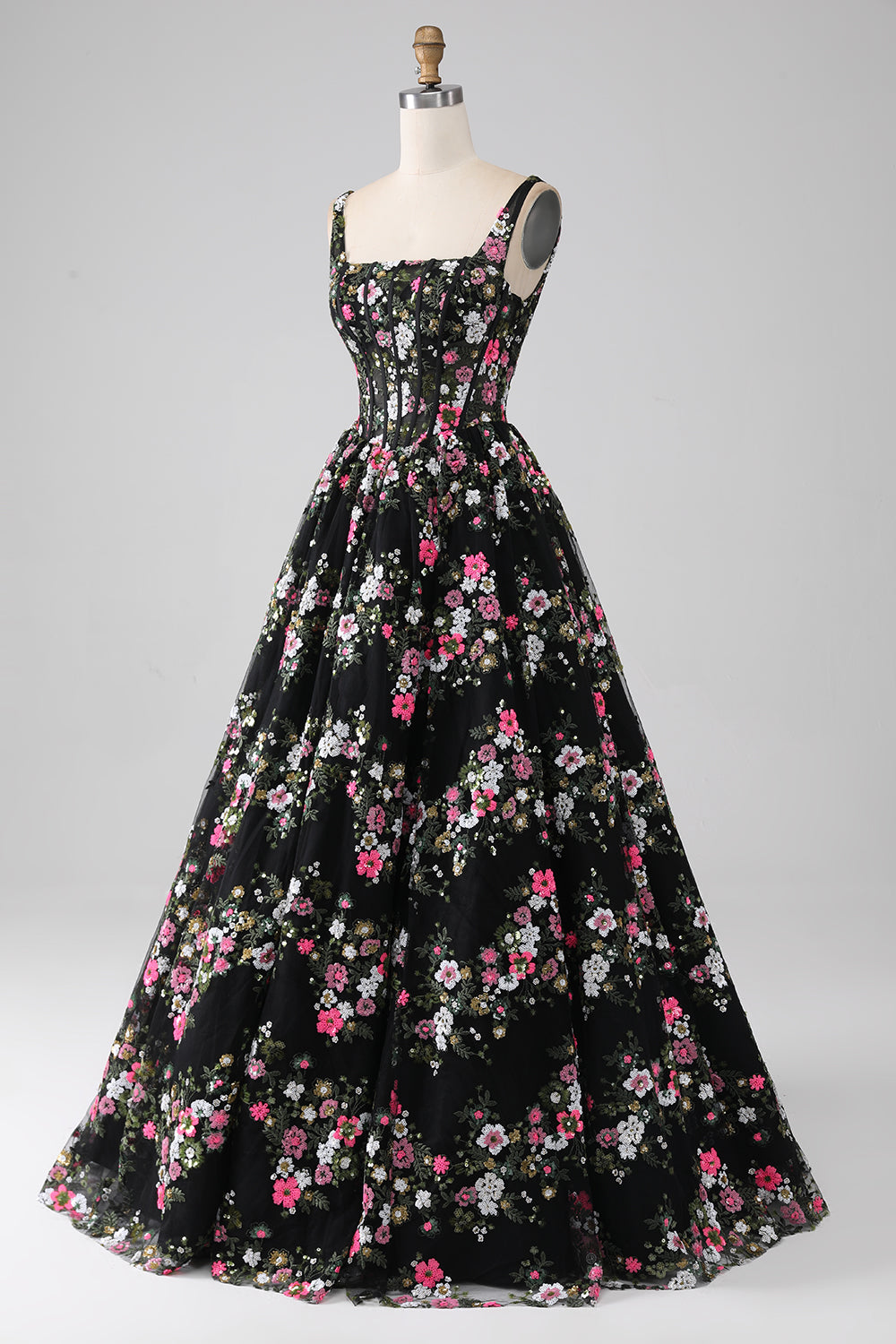 Champagne A-Line Princess Square Neck Corset Long Prom Dress with Embroidery