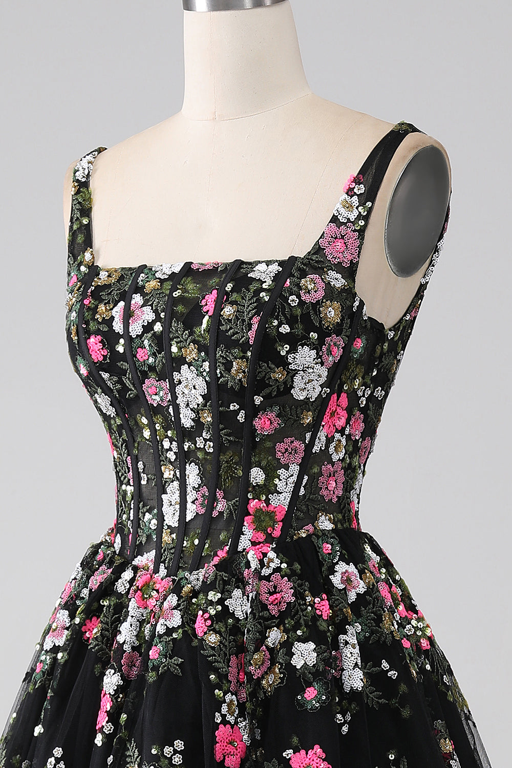 Champagne A-Line Princess Square Neck Corset Long Prom Dress with Embroidery