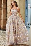 Champagne A-Line Princess Square Neck Corset Long Prom Dress with Embroidery