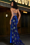 Royal Blue Mermaid Spaghetti Straps Sparkly Sequin Prom Dress With Slit