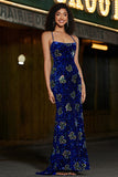 Royal Blue Mermaid Spaghetti Straps Sparkly Sequin Prom Dress With Slit